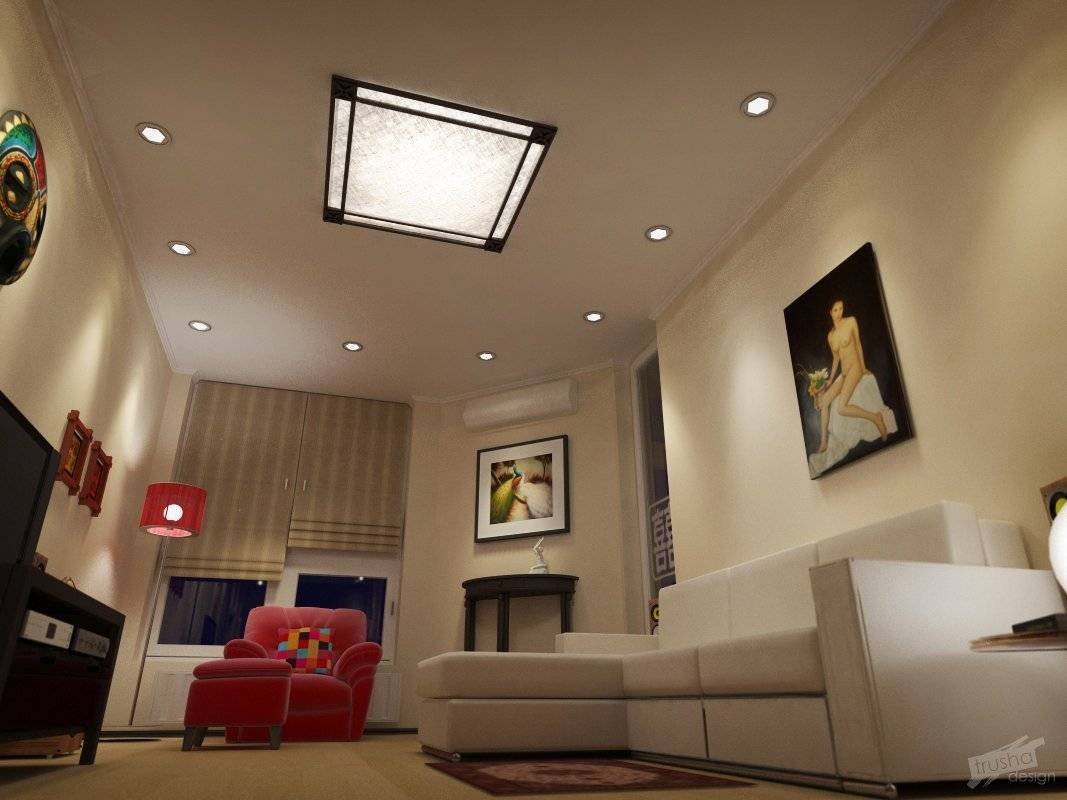 Расположение лампочек на натяжном потолке в зале без люстры