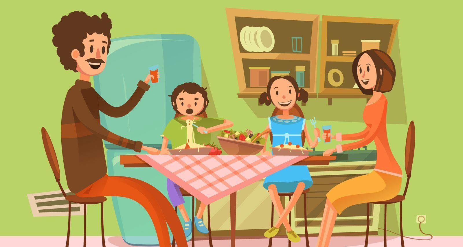 Садимся ужинать. Семья за столом. Семейный ужин мультяшный. Семья за столом иллюстрация. Семейный ужин рисунок.