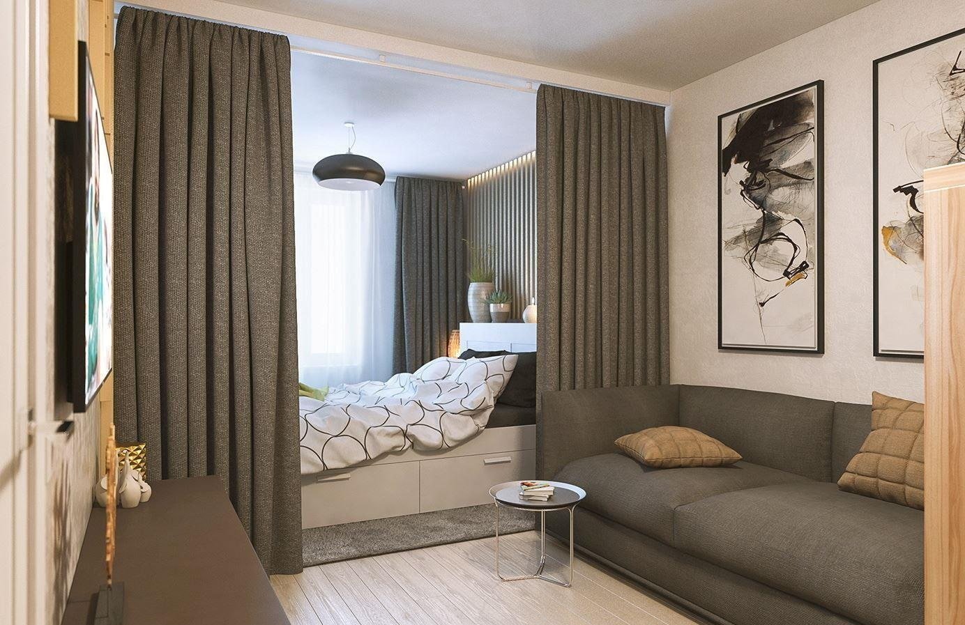 Спальня в однокомнатной квартире - 60 фото