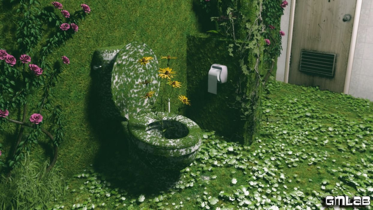 Туалет в грине. Туалет в кустах. Красивый зеленый туалет. Унитаз в лесу. Фотообои в туалете.