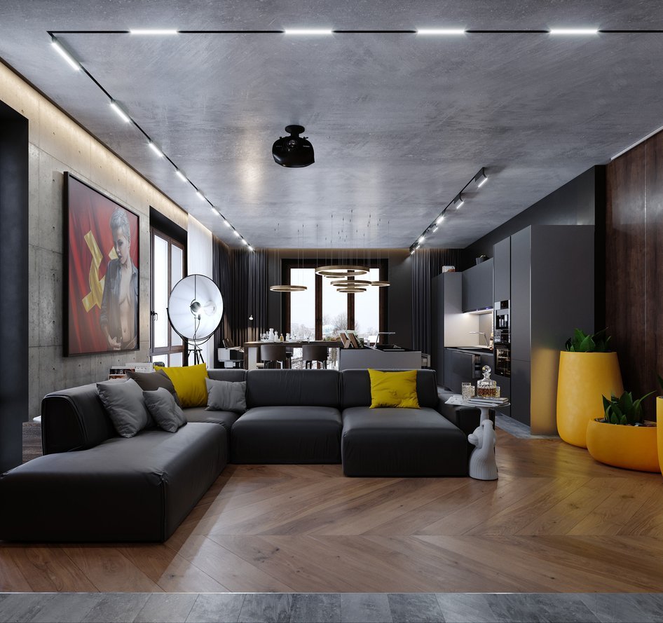 Дизайн комнаты с черным потолком