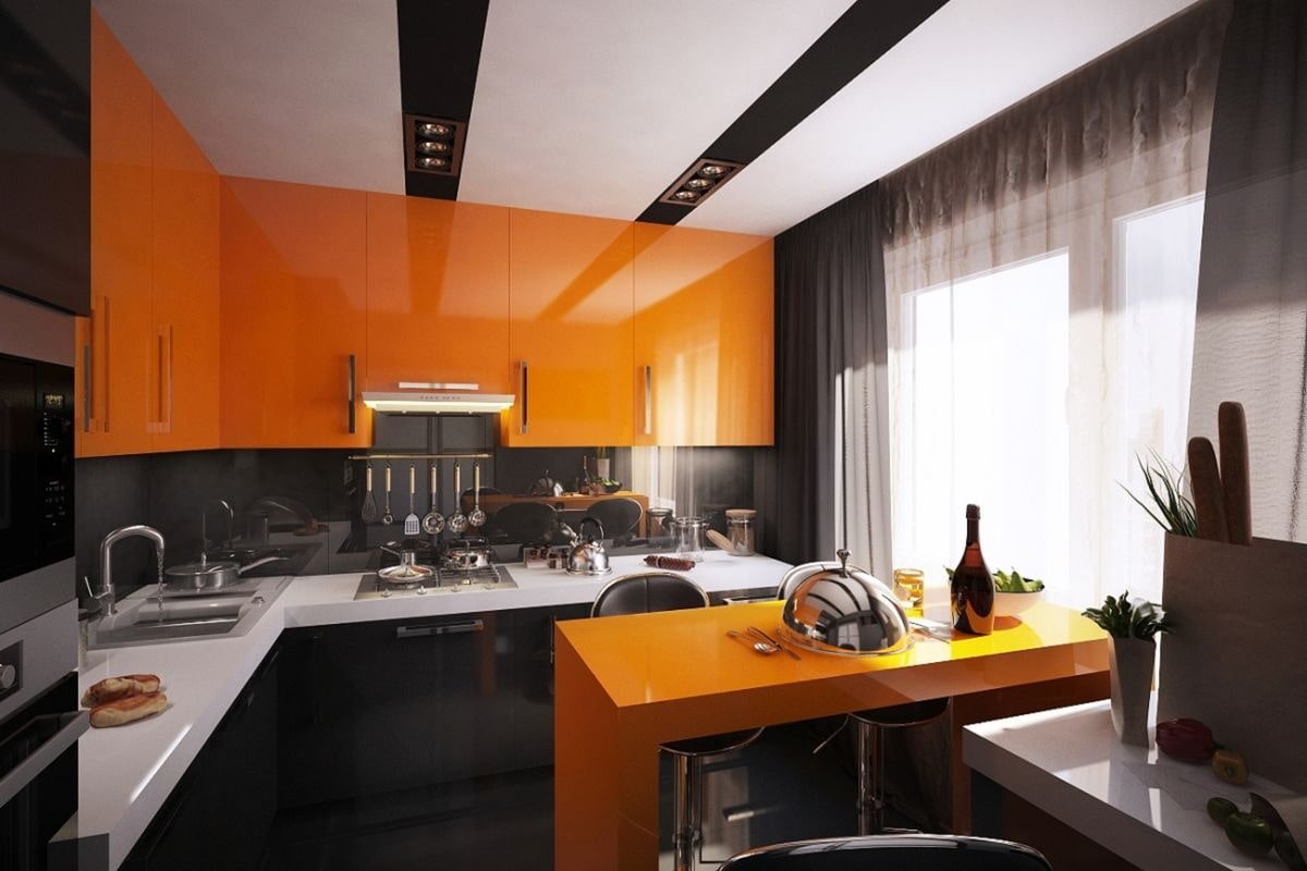 Серо оранжевая кухня