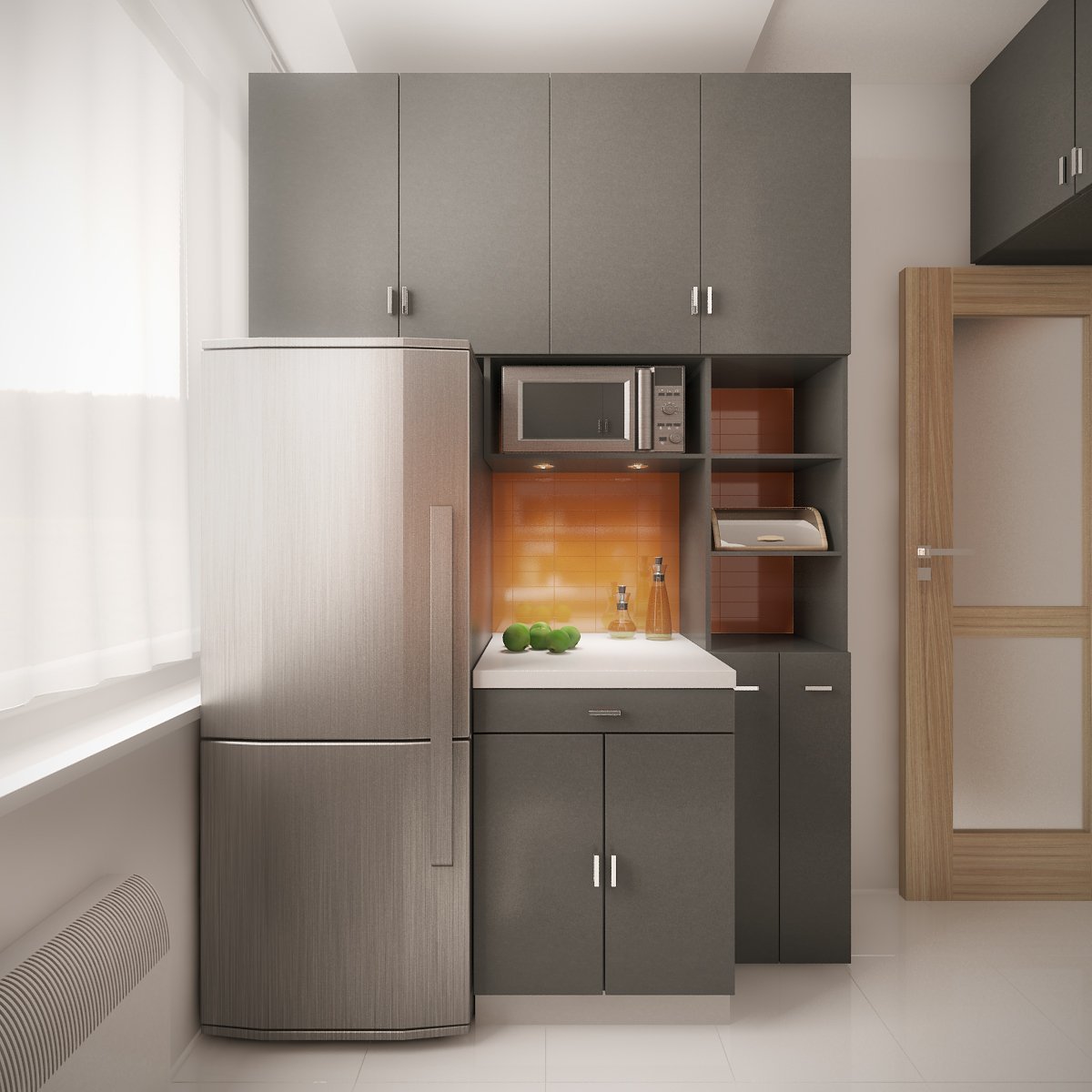 Дизайн маленькой кухни с холодильником