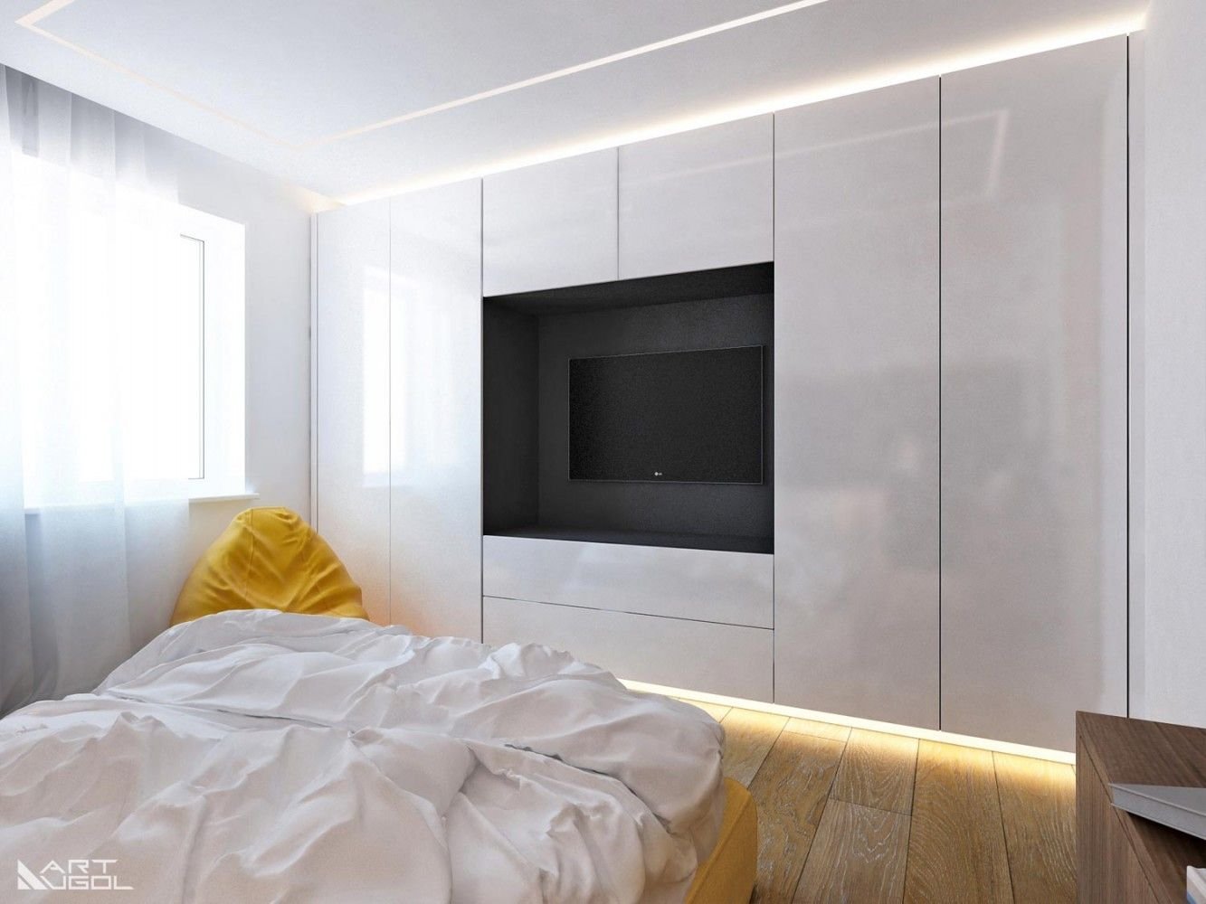 интерьер спальни со шкафом и телевизором