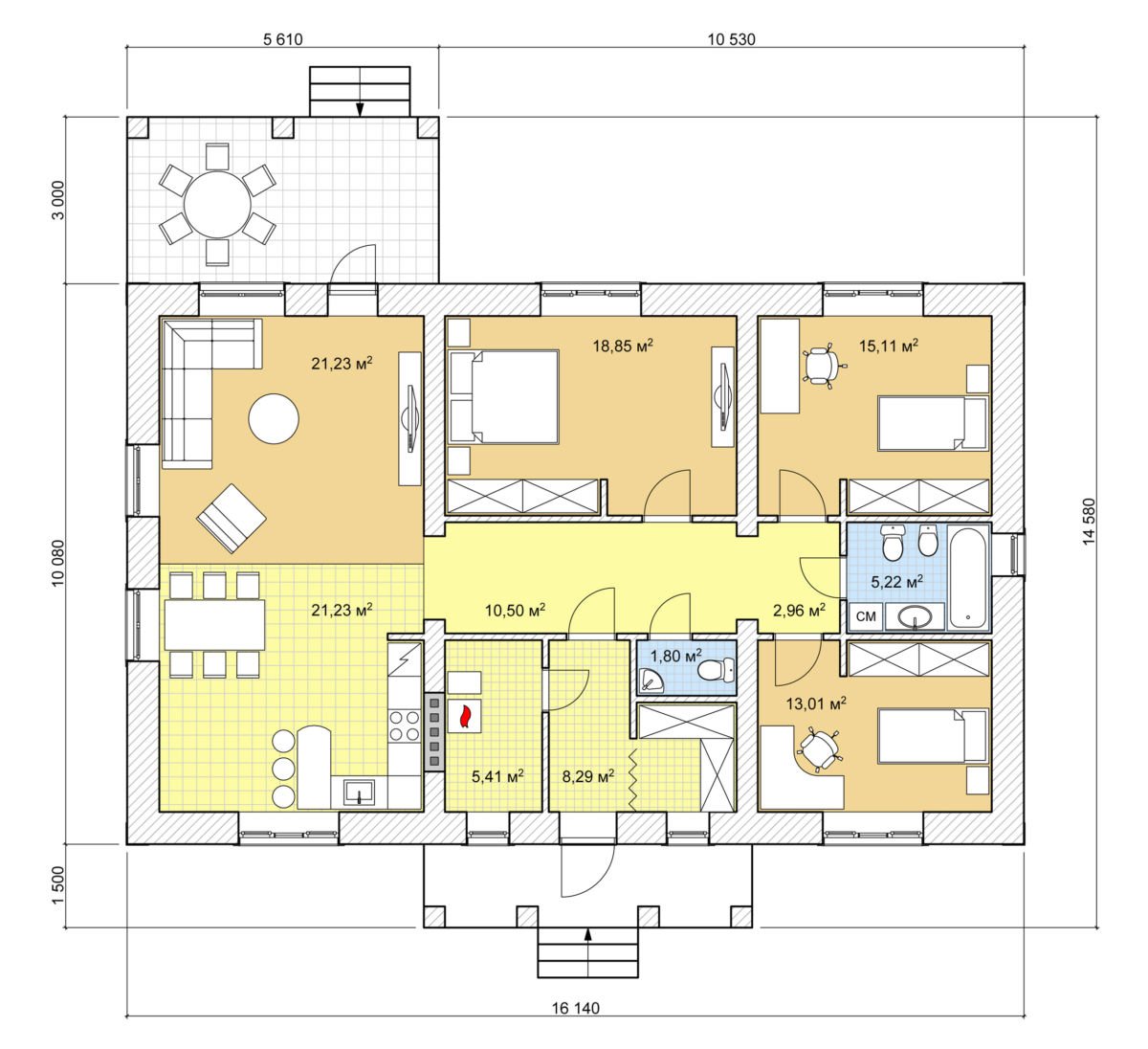 Планировка одноэтажного дома с тремя спальнями