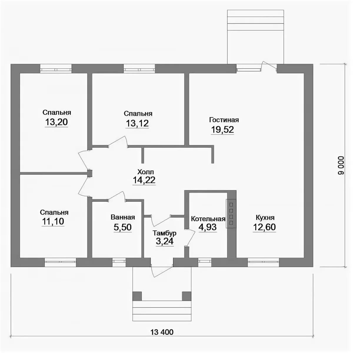 Планировка дома с котельной и тремя спальнями