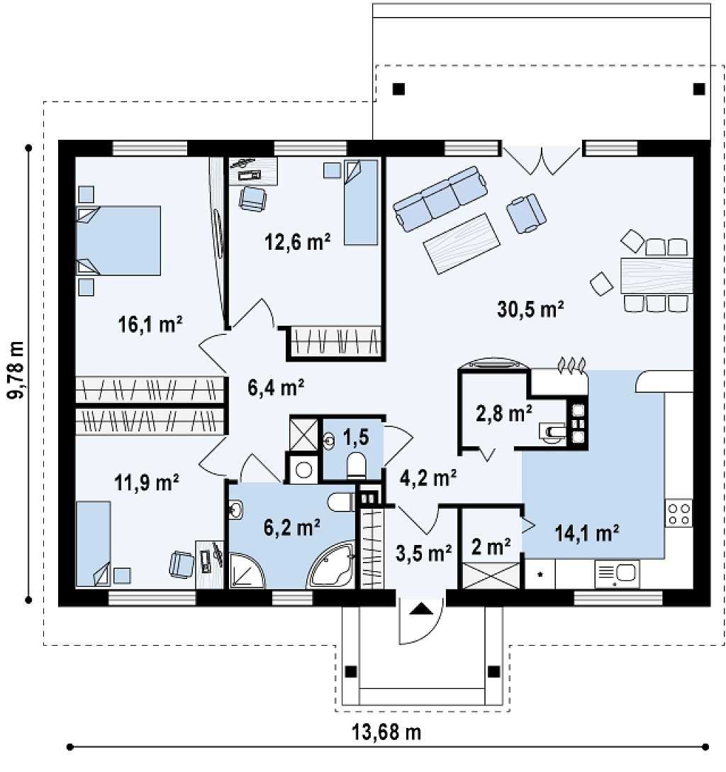 Планировка одноэтажного дома с двумя спальнями