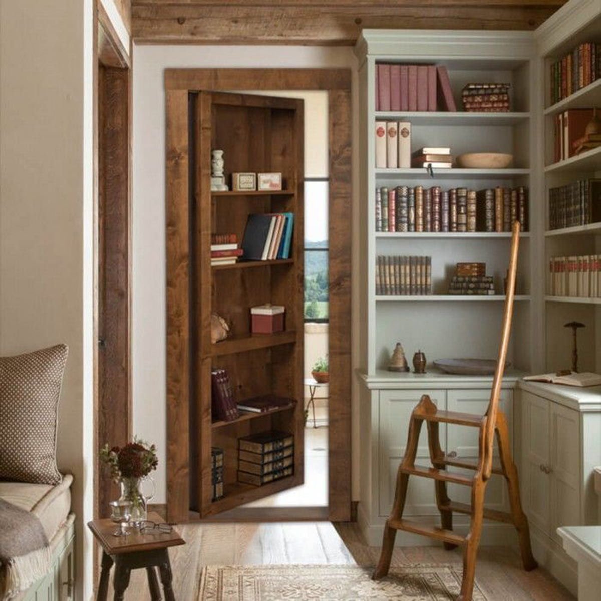 Потайная дверь шкаф. Книжный шкаф с потайной дверью. Потайная дверь в книжном стеллаже. Интерьер с книжными полками.