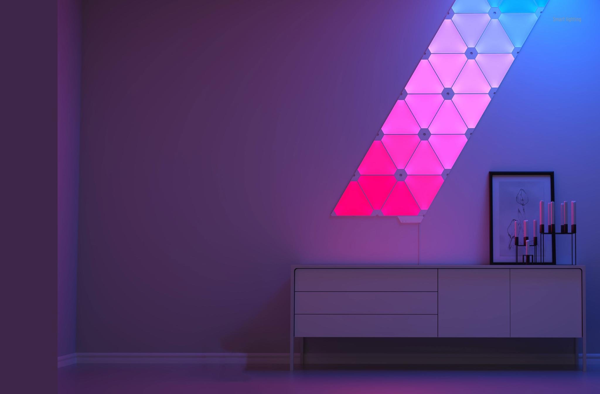 Фигуры с подсветкой. Nanoleaf Aurora 9. Nanoleaf Aurora коннекторы. Подсветка треугольники на стену. Треугольные лампы на стены.