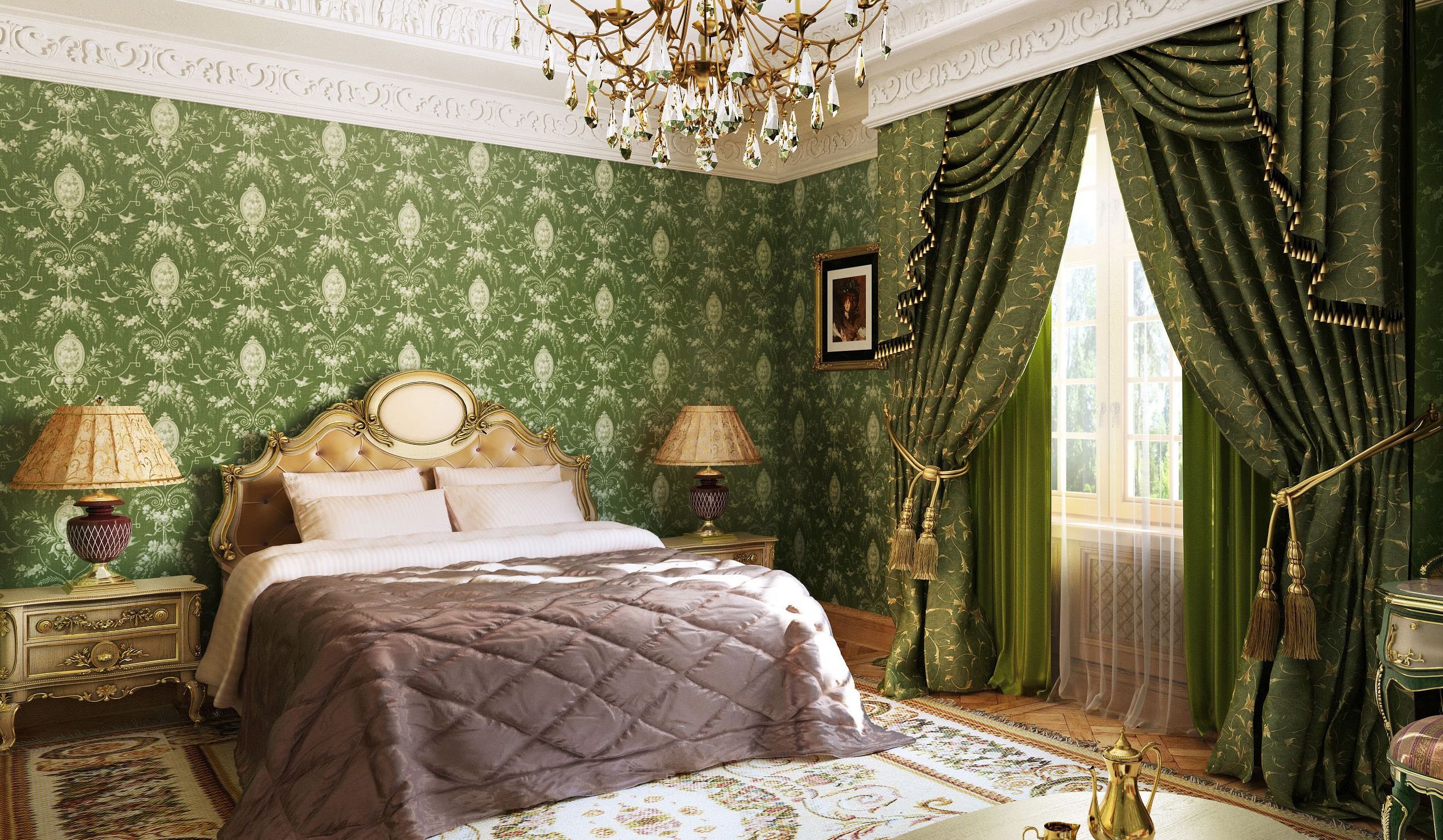 Обои в зеленых тонах. Зеленые обои в спальне. Зеленый с золотом в интерьере. Спальня в английском стиле. Спальня в классическом британском стиле зеленая.