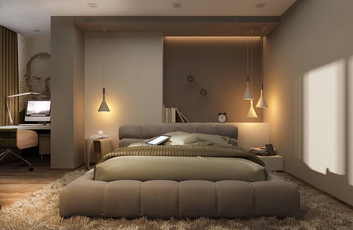 Подвесные светильники у кровати в спальне