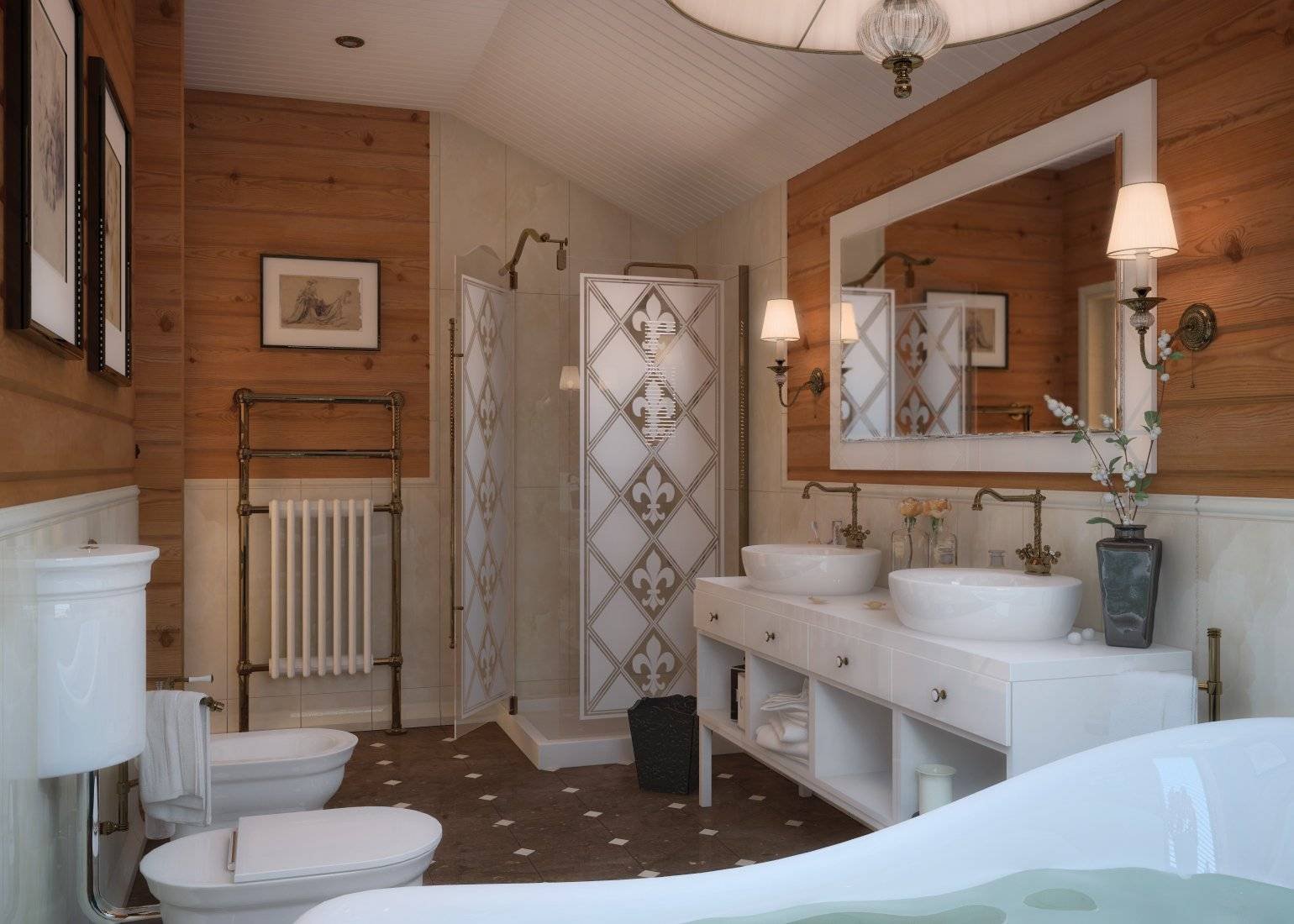 Интерьер ванной комнаты в деревянном доме - 60 фото