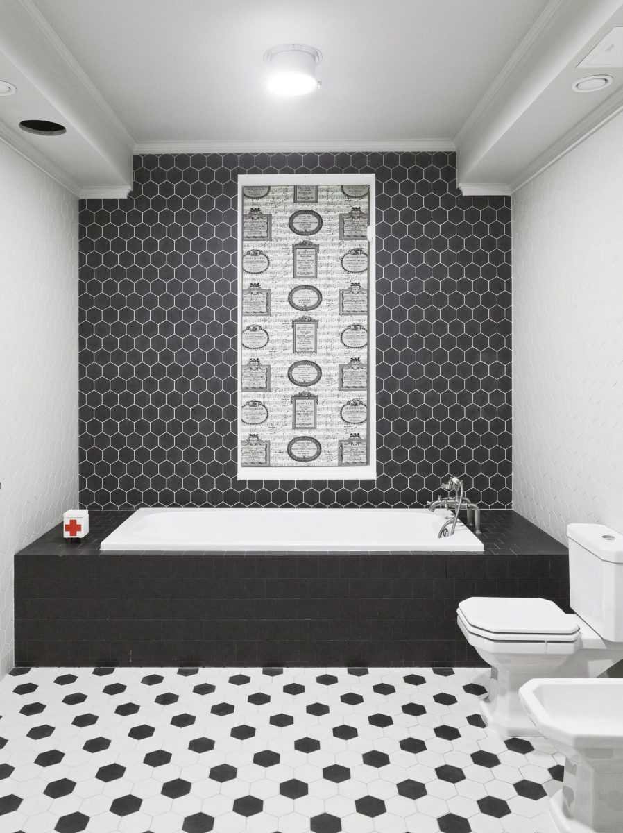 Дизайн ванной комнаты черно белой панелей