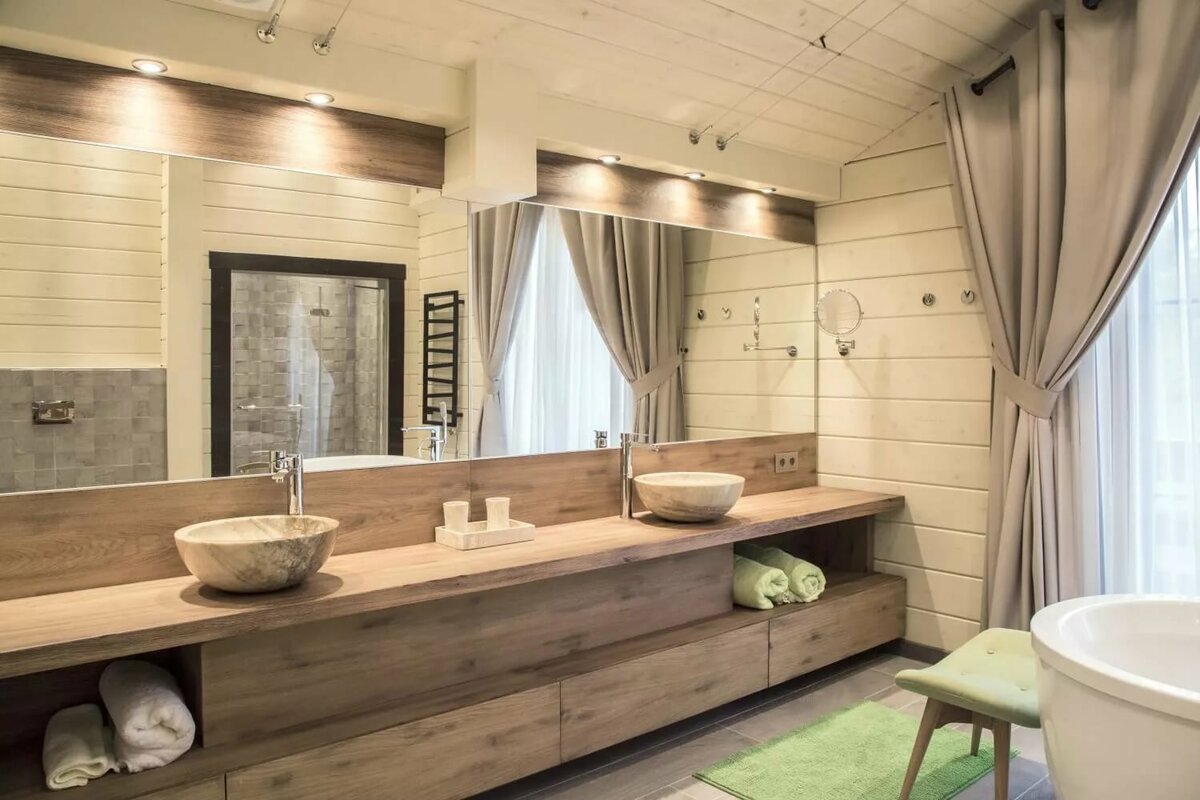 Дизайн ванны в доме из бруса