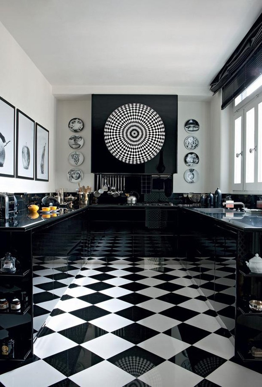 Черно белая кухня плитка. Форназетти интерьеры. Черно белая плитка. Плита черно белая. Кухня в шахматном стиле.