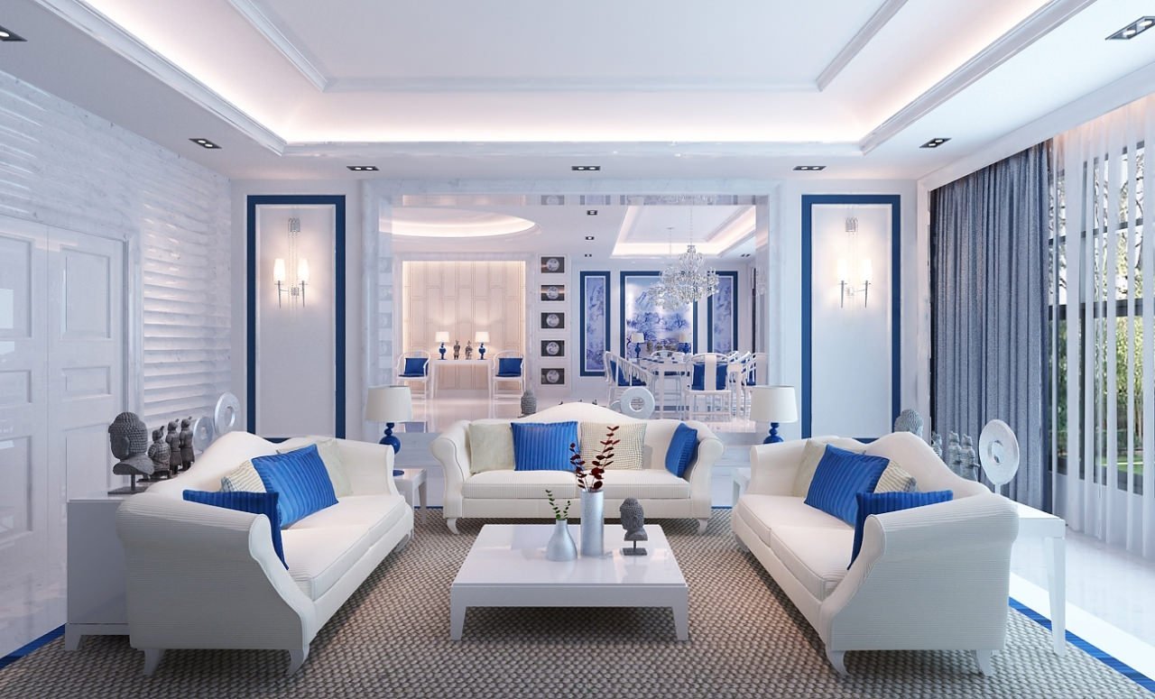 Голубой цвет в интерьере гостиной - 65 фото