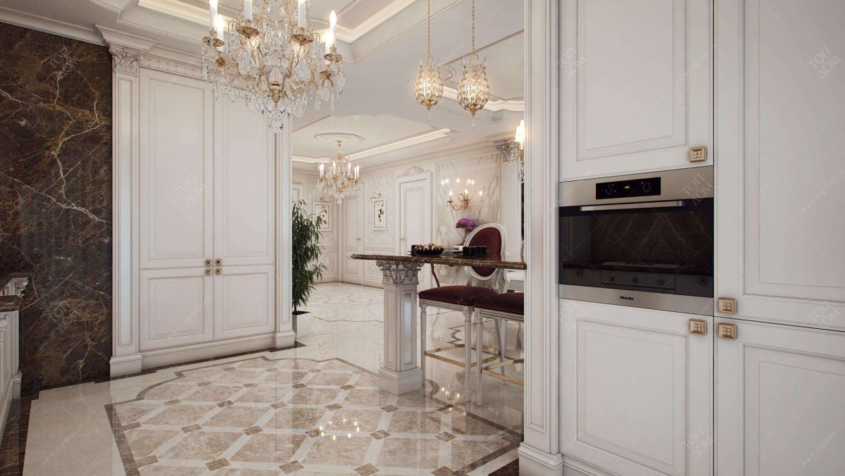Белая кухня с золотой фурнитурой
