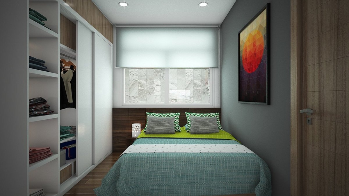 Дизайн узкой спальни с окном