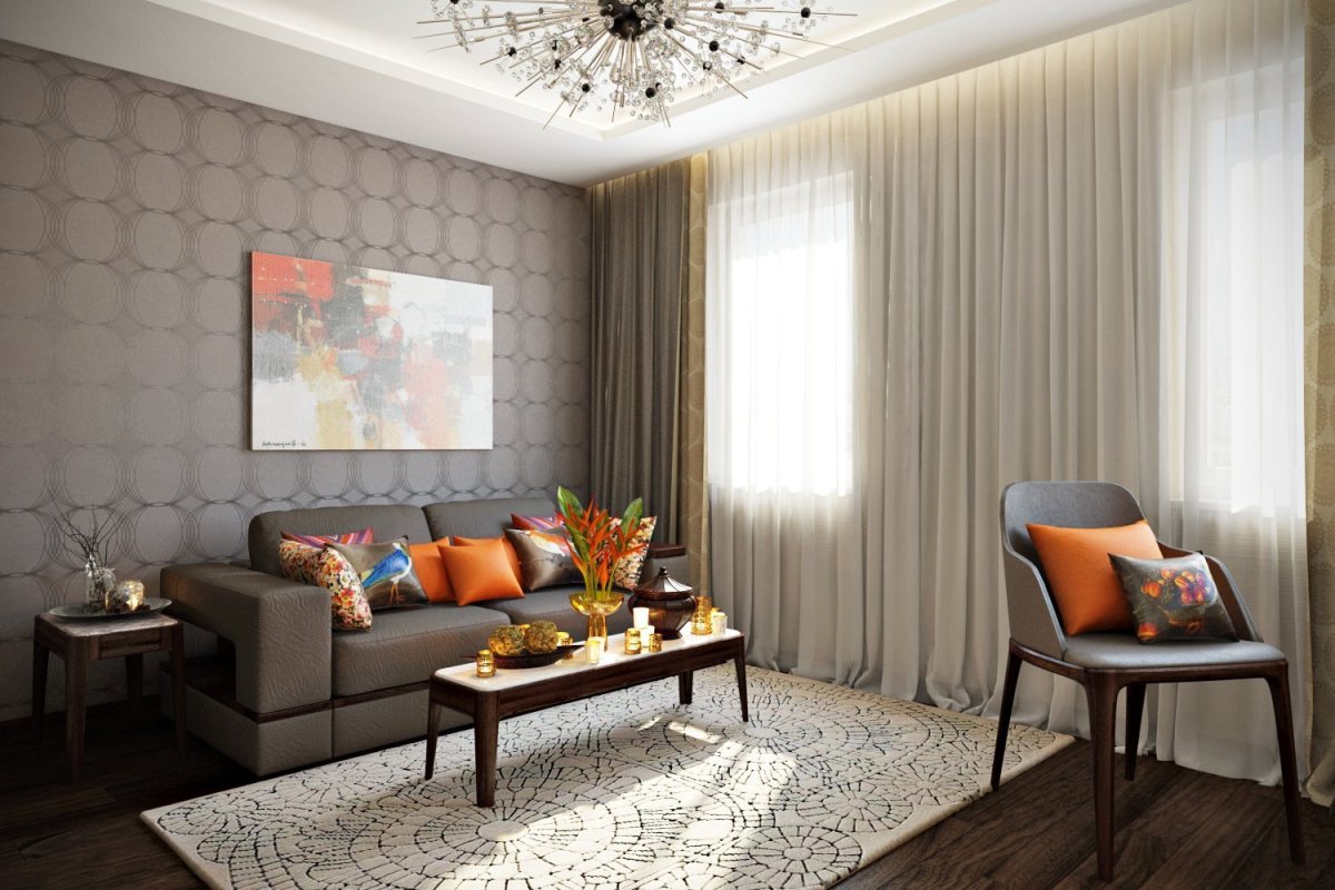 Дизайн гостиной с серым диваном