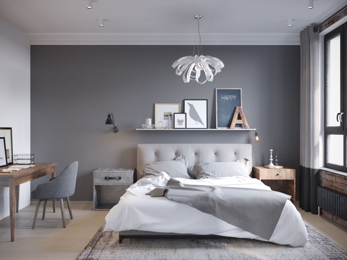Дизайн спальни с серыми стенами