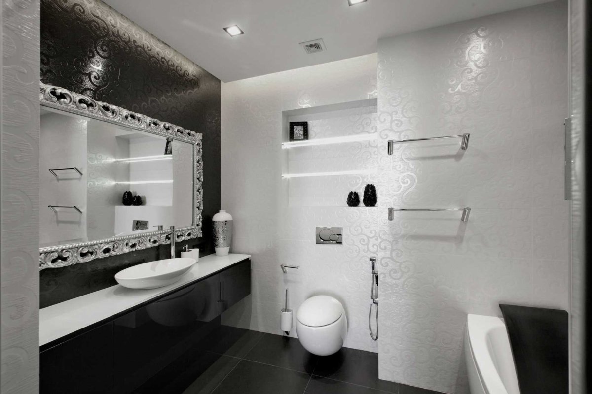 Дизайн ванной комнаты черно белый кафель