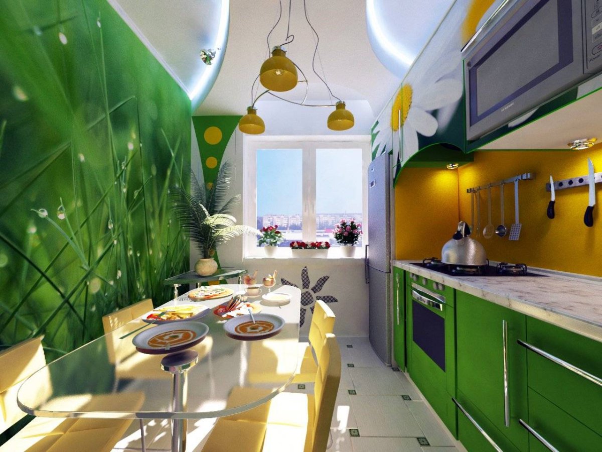 Дизайн кухни с зеленым гарнитуром