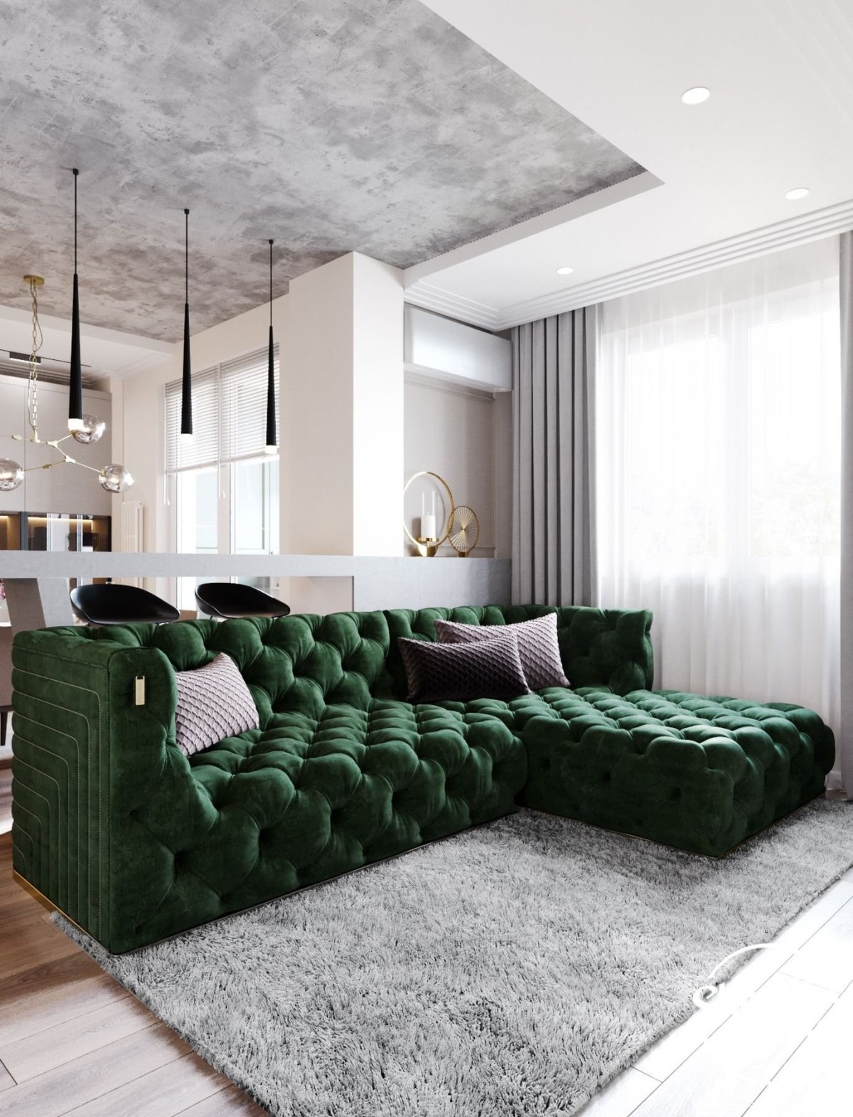 Дизайн гостиной с зеленым диваном