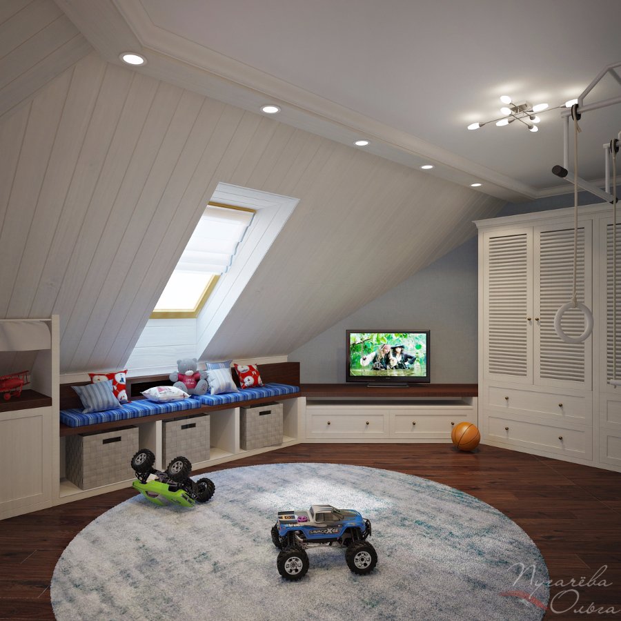 Дизайн детской комнаты со скошенным потолком