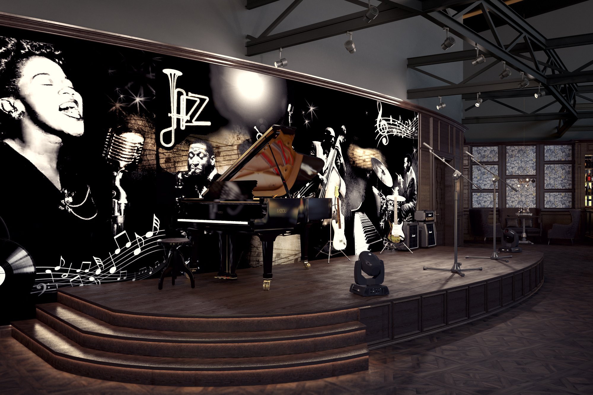 Бар с живой рок. Кафе в стиле джаз. Сцена для музыкантов в ресторане. Интерьер в стиле джаз. Музыкальное кафе.