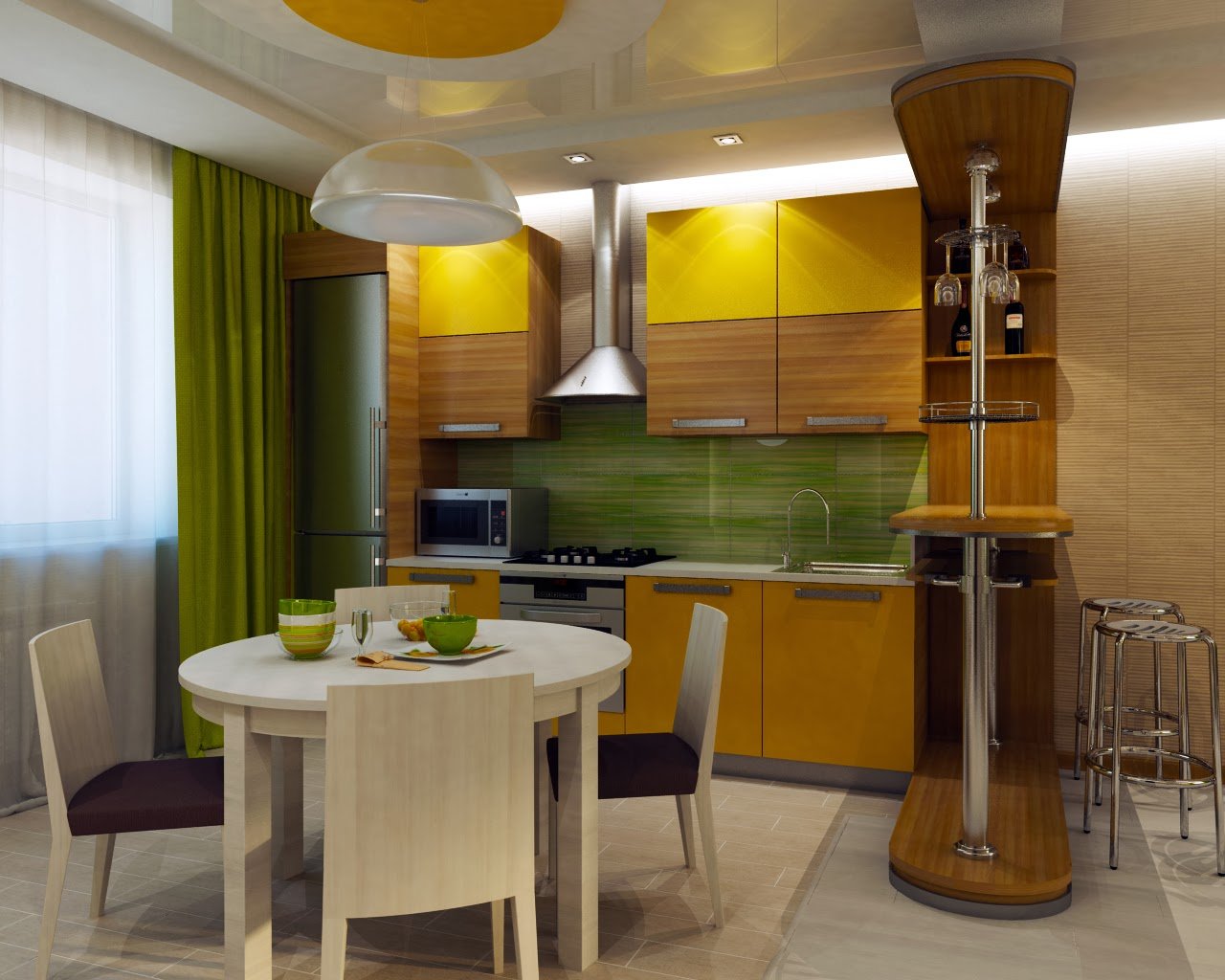 Желто зеленая кухня. Желто-зеленая кухня гостиная. Салатовая кухня гостиная. Желтые стулья в интерьере кухни со шторами.
