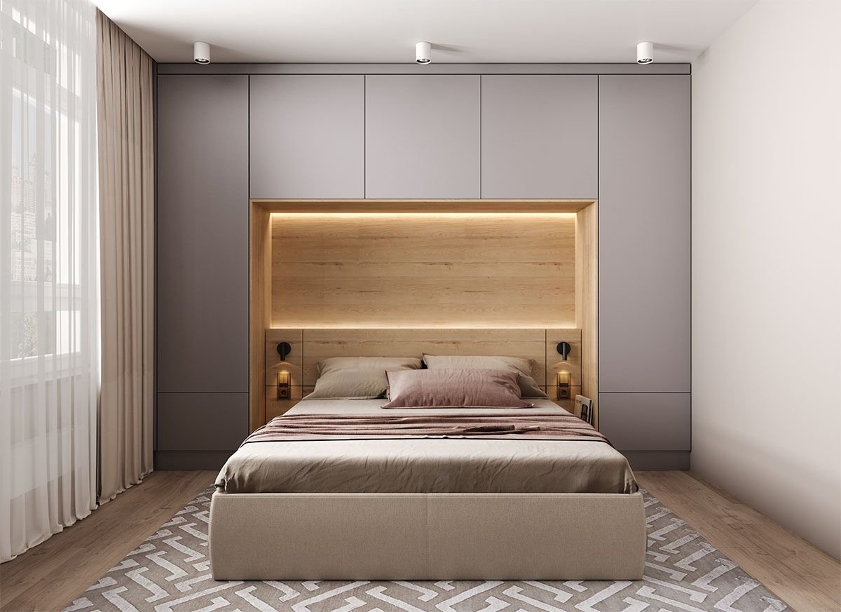 Спальня со шкафами по бокам кровати