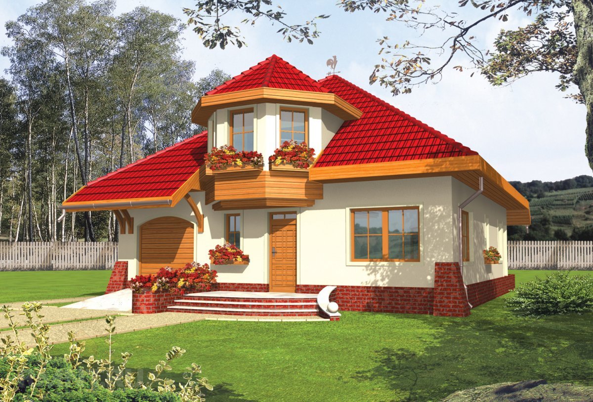 Фасад дома с красной крышей