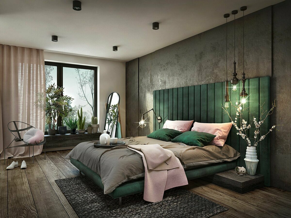 Уютная спальня в зелёных тонах: стильная отделка комнаты