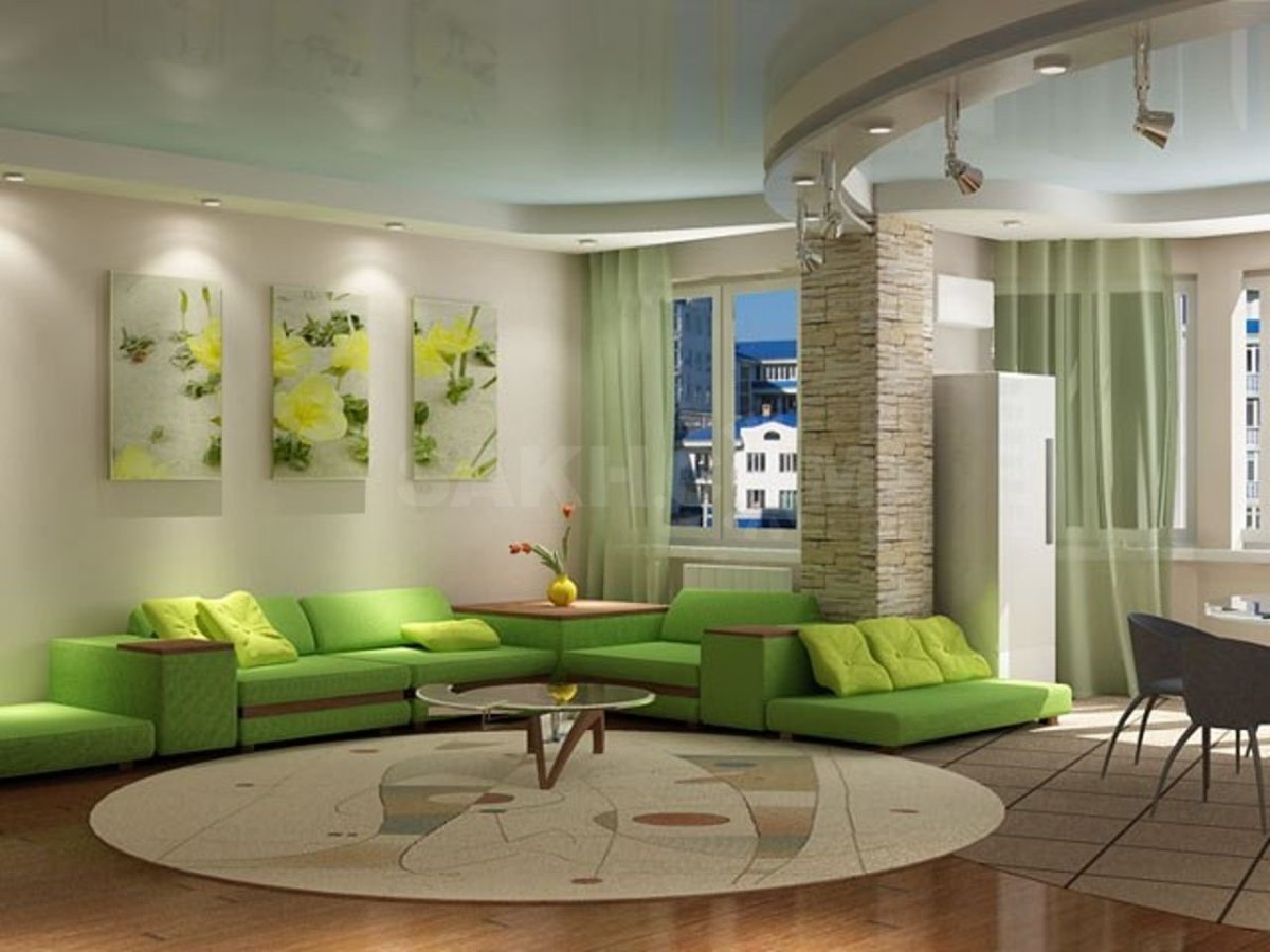 Кухня гостиная с зеленым диваном