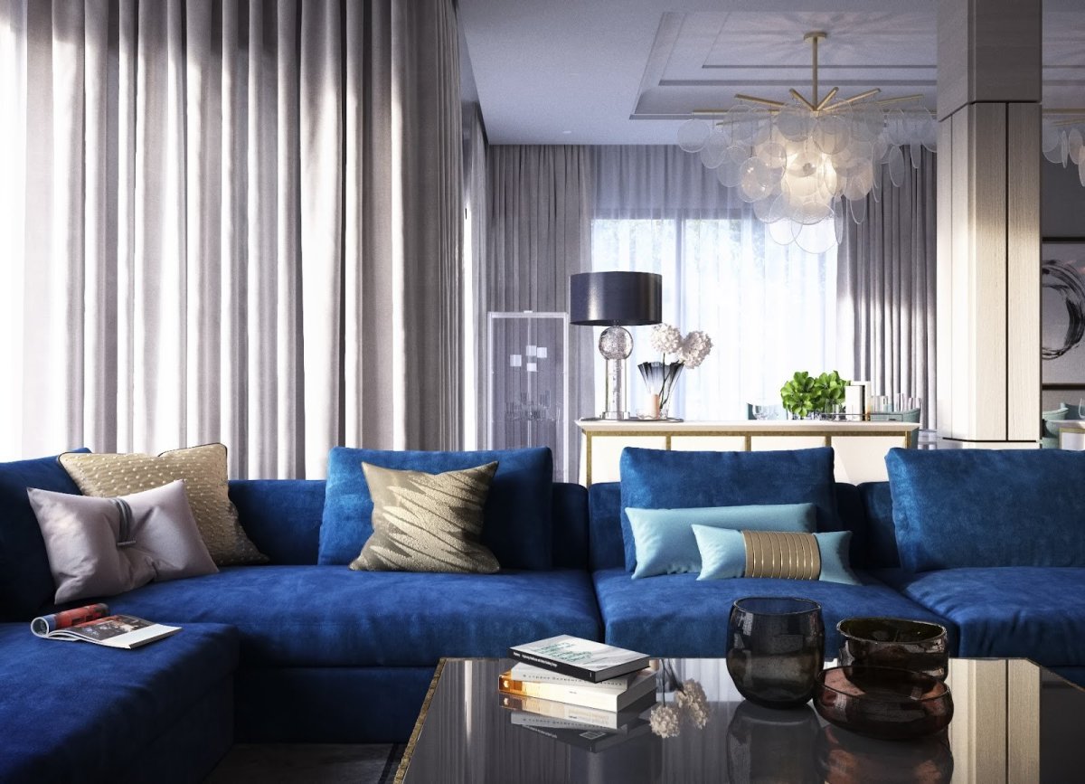 Дизайн зала с синим диваном