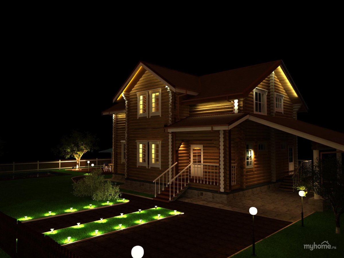 Подсветка фасада деревянного дома