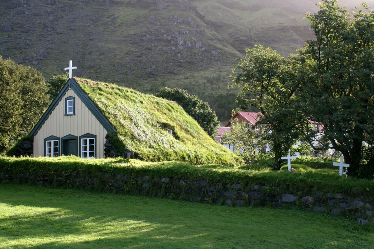 Дома с травой на крыше
